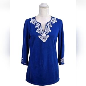 Jones New York Signature Petite PS Blue Embroidered Tunic Top 3/4 Sleeve
